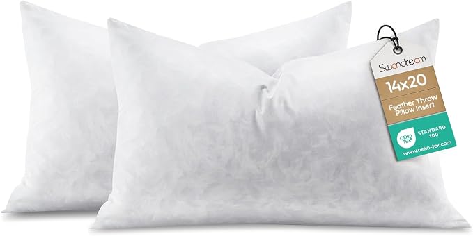 14x20 Feather Lumbar Pillow Inserts, Decorative Throw Pillow Inserts for Covers, Fuller Fit with Soft Support for Bed and Couch, Set of 2