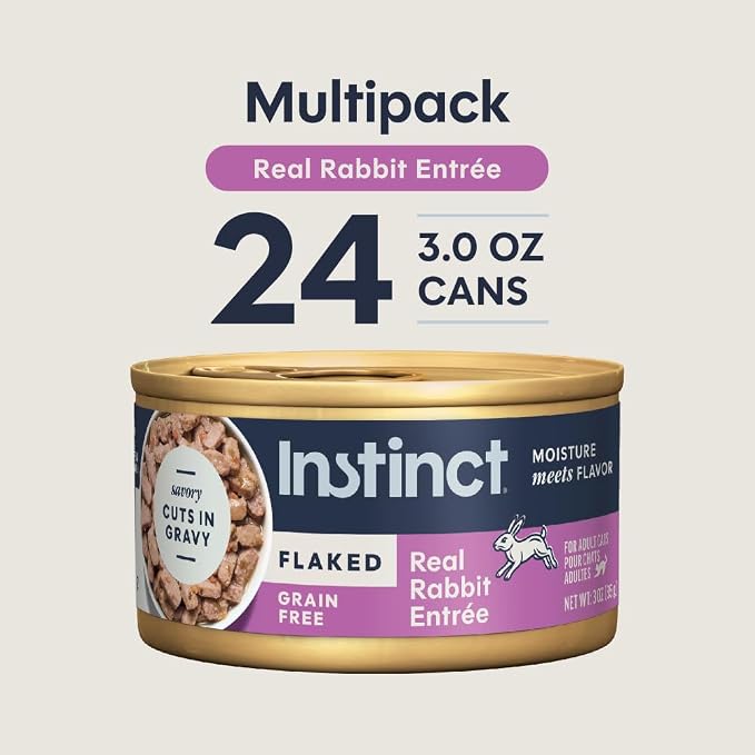 Instinct Flaked Entrees, Wet Canned Cat Food, Rabbit, 3 oz. (24 Count) | Tender flaked cuts in savory gravy, high protein, real rabbit, whole-food ingredients, grain-free, hydration support
