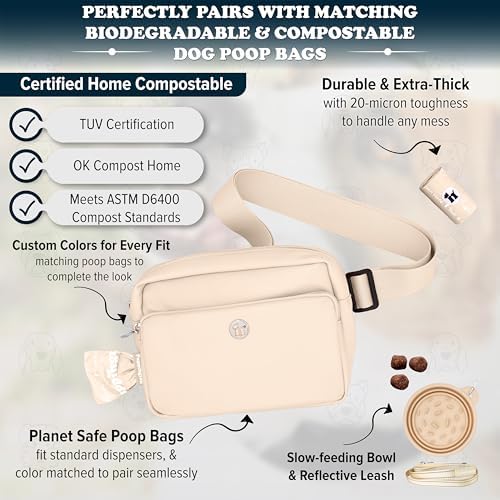 Puppington 3-in-1 Crossbody Dog Walking Bag & Treat Pouch for Pet Training - Matching Compostable Poop Bags, Built-In Poop Bag Dispenser & Slow-Feeding Travel Bowl (Vanilla Cream)