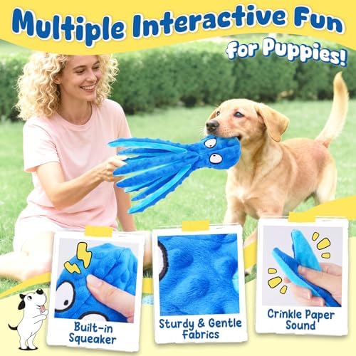 KIPRITII 9 Pack Puppy Toys Set for Small Dogs, Teething & Interactive Play | No-Stuffing Octopus-Shaped Toy, Squeaky & Crinkle Sounds, Interactive Tugging, Keep Dogs Busy, Indoor & Outdoor Play