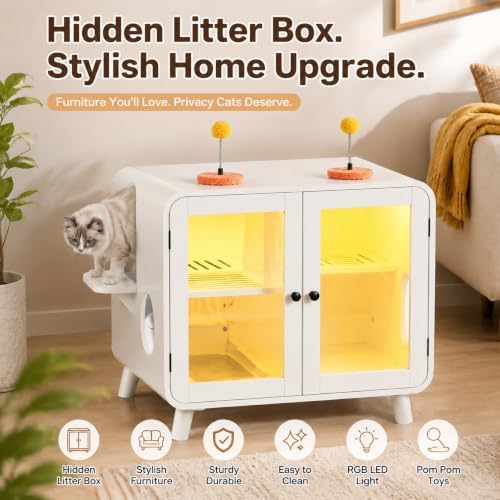 Hidden Cat Litter Box Enclosure Cat House Furniture with RGB LED Light Stairs Pom Pom Toys Glass Doors Litter Leak Walkway Cat Washroom Cabinet White Pet Furniture for Indoor Cats Modern