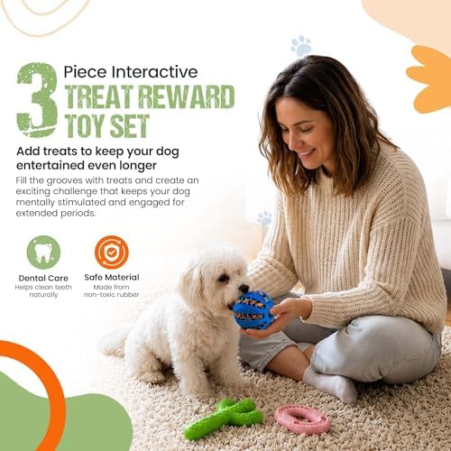 3-Piece Dog Chew Toy Set - Durable Rubber Cactus, Dental Ring, and Treat Leakage Ball - Tough Interactive Molar Toys for Puppy & Medium Dogs - Multi-Color