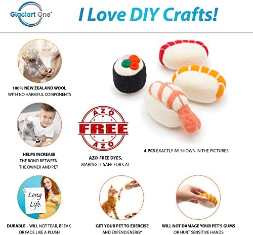 Glaciart One Wool Sushi Cat Toy Set with Catnip | Cute Cat Toy for Interaction & Boredom Relief, Encourages to Exercise, Explore & Play | Filled w/Organic Catnip to Help Sooth or Reduce Anxiety