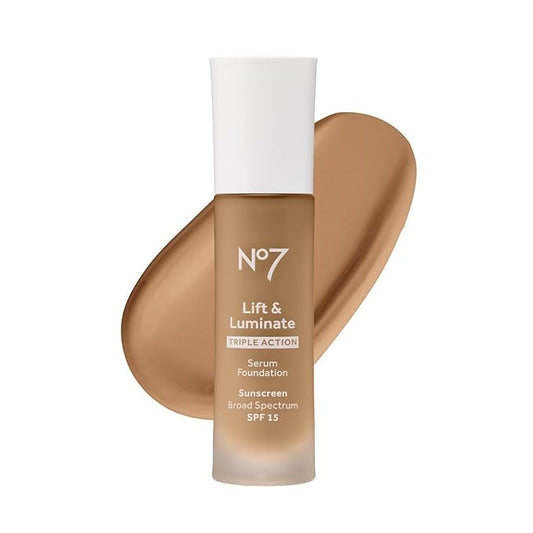 No7 Lift & Luminate Triple Action Serum Foundation - Liquid Makeup with SPF 15 for a Dewy, Glowy Base - Radiant Formula for Mature Skin - Deep Honey (30ml)