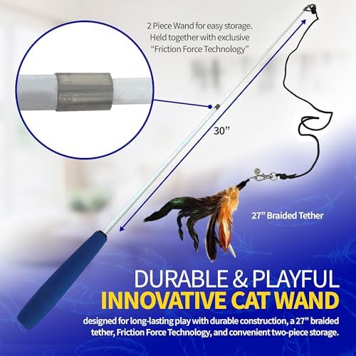 Pet Fit For Life Cat Feather Wand Toys – Interactive Cat Wand Toy for Indoor Pets | 2 Feather Attachments | Promotes Animal Health & Fitness, Made w/ Soft & Durable Materials | Gift (Brown)