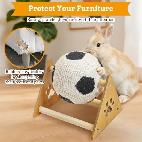 Fhiny Rabbit Scratch Toy, Natural Sisal Rabbit Scratching Ball Cute Sisal Rope Bunny Claw Scratcher Interactive Football Design Scratch Toy, Nail Scratching Post for Indoor Pets Kittens Ferrets