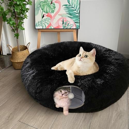 Cat Bed Tunnel Tube Toy Black Plush