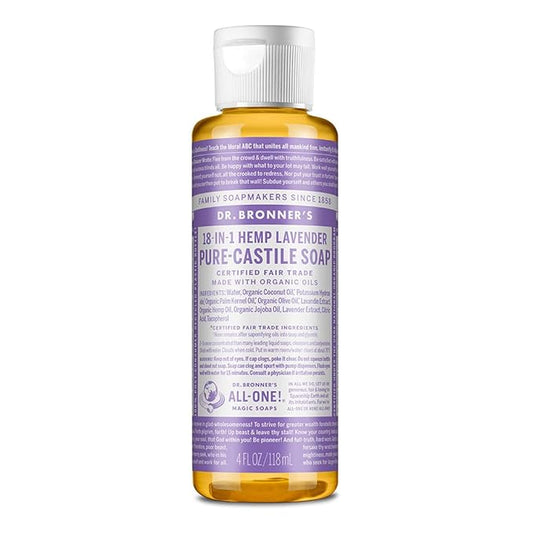 Dr. Bronner's - Pure-Castile Liquid Soap (Lavender, 4 ounce) - Made with Organic Oils, 18-in-1 Uses: Face, Body, Hair, Laundry, Pets and Dishes, Concentrated, Vegan, Non-GMO