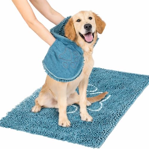Dog Gone Smart Dirty Dog Doormat & Shammy -Super Absorbent, Fast Drying Polyester & Polyamide Microfiber Mat & Towel with Dual Hand Pockets, Non-Slip Backing & Machine Washable -Pacific Blue, 31x20 In