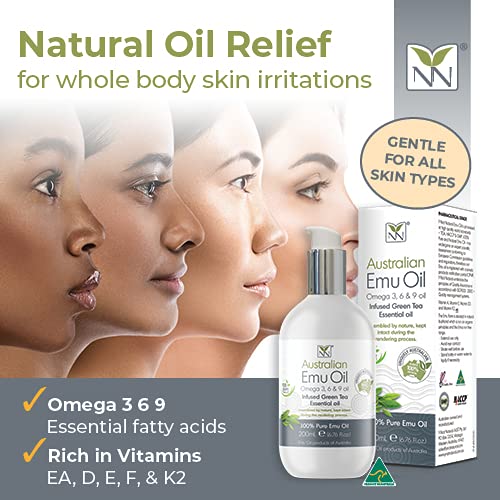 Y Not Natural Pure Emu Oil - Organic Moisture for Face, Body, Hair, Scalp & Nails - Rich in Omega 3-6-9, Vitamins & Essential Minerals - Australian Emu Oil (200ml) 6.76 fl oz - Green Tea