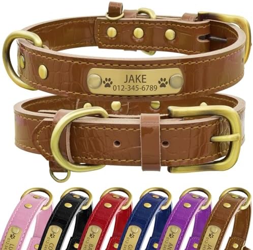Personalized Genuine Leather Dog Collar with Engraved Name Plate - Durable and Stylish Custom Dog Collar for Small, Medium, and Large Dogs (S,Brown)