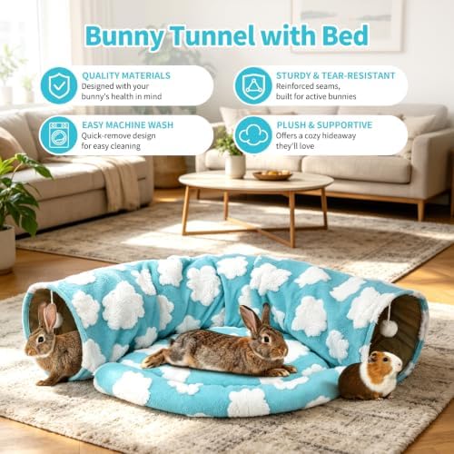BWOGUE Bunny Tunnel Bed, 2-in-1 Collapsible Rabbit Tunnel Hideout with Mat