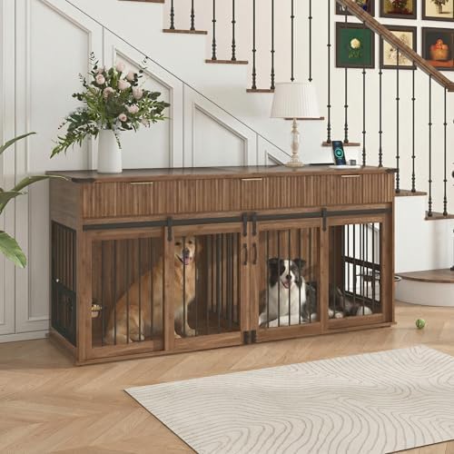 Large Dog Crate Furniture for 2 Dogs, Wood, White TV Stand with 4 Doors and 4 Storage Drawers, Removable Divider, Indoor Kennel for Medium and Large Dogs (71inch White Fluted Dog Crate)