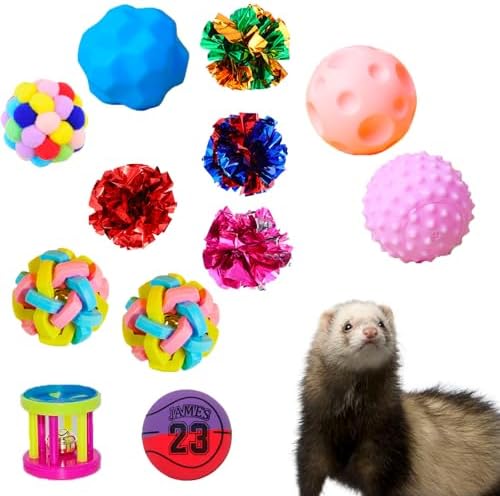 12 pcs Ferret Squeaky Toys Balls Squeaker Toys Teething Chewing Toy Colorful Bouncy Rubber Bell Balls Mylar Crinkle Interactive Sound Exercise Scratch Chew Toy for Ferrets Pet Cat Dog
