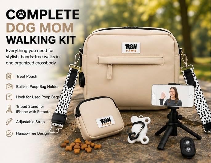 Hands-Free Dog Walking Crossbody for Training, Treat Pouch, Built-in Poop Bag Dispenser, Used Bag Hook & Bonus Tripod (Beige)