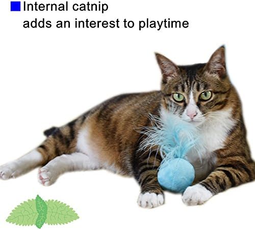 Furry Rattle Ball Cat Toy with Feather and Catnip - Interactive Pom Pom Balls for Cats, Soft and Lightweight, 2 Inch, 6 Pack.
