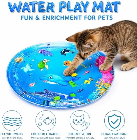 2026 Upgraded Cat Water Mat – 5-Layer Anti-Scratch Leak-Proof Sensory Play Mat for Indoor Cats, BPA-Free Cooling Water Pad, Interactive Enrichment Toy (S19, 100*100CM, 4 Fish + Pump Included)