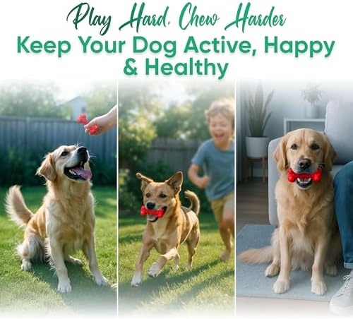 Natural Rubber Dog Toys for Small Dogs & Puppies - Durable Dental Dog Bone Toy for Indoor & Outdoor Play - Interactive Tough Teething Toy for Boredom Relief - For 25 lbs Small Dogs (Red)