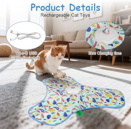Interactive Cat Toys for Indoor Cats, Automatic Hide and Seek Cat Toy, Moving Concealed Feathers, Mouse Squeaky, Rechargeable Touch Activated Exercise Toys for Kitten Bored Adult Cats, 3 Modes