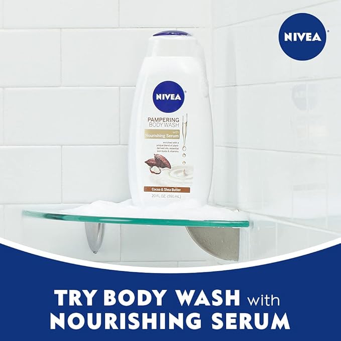 Nivea Cocoa and Shea Butter Pampering Body Wash with Nourishing Serum, 20 Fl Oz Bottle (Pack of 3)