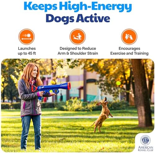 American Kennel Club Dog Ball Launcher, Tennis Ball Thrower for Dogs, Interactive Fetch Toy, Hands-Free Pickup, Launches 30+ ft, Includes Ball & Strap, Promotes Active Play & Exercise, Medium