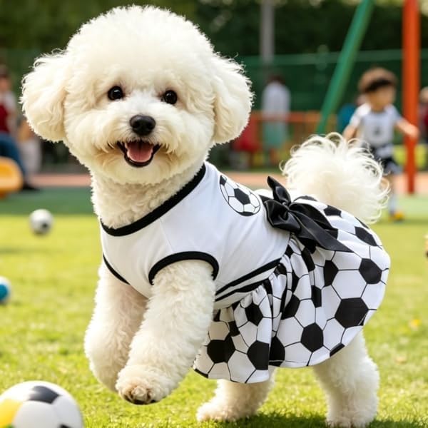 PUPTECK Soccer Ball Dog Dress with Bow, Cute Dog Skirt White and Black S | Breathable Soft Pet Clothes for Small Medium Dogs Cats, Puppy Outfits Apparel Costume for Game Day Celebration Holiday Party