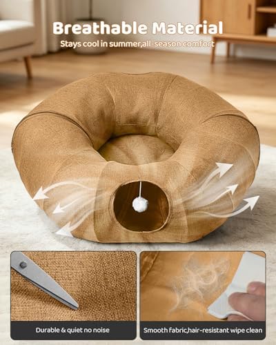 Linen Cat Tunnels with Central Cat Bed, Interactive Cat Toys Detachable Washable Soft Mat Large Indoor Play Tunnel Cave for Kittens and Small Animals