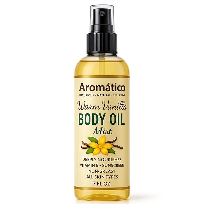 Aromatico Warm Vanilla Body Oil Mist for Women – 7 fl oz | Lightweight, Non-Sticky, Spray-on formula for Daily use After Shower | Moisturized, Soft, Glowing Skin | Cozy, Creamy Vanilla Scent