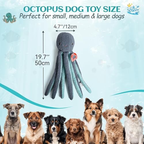 ALL FOR PAWS Octopus Squeaky Dog Toy, Plush Dog Toy for Small Medium Large Dogs, Fetch Toy with Squeaker & Crinkle
