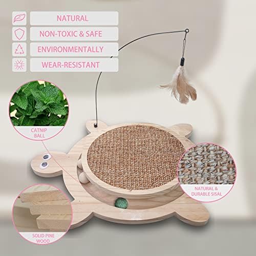 Petest Wooden Interactive Cat Toy with Ball Track & Teaser Wand – Solid Pine Wood Cat Scratcher with Natural Sisal Rope, Replaceable Toys, Turtle Design