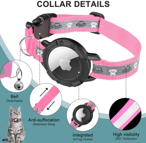 Reflective AirTag Cat Collar, Integrated Cat Collar with Air Tag Holder | Built in AirTag Holder, Adjustable 7-13in for Cats, Kittens and Puppies, Safety Elastic Band, Reflective for Night Walking