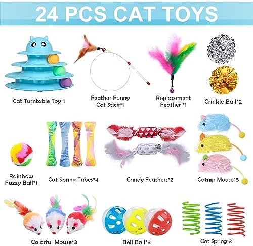 UPSKY 24 PCS Cat Toys Set with Teaser, Mice, Spring, and Various Ball Toys | Puzzle Kitten Toys, Sturdy Structure, Detachable Design, Easy to Assemble, Anti-Slip, Reduces Boredom for Indoor Cats