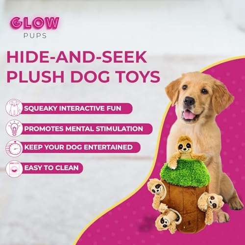 Glow Pups Hide and Seek Dog Toy, Interactive Burrow Dog Toy with Squeaker, Plush Sloth in Tree Trunk, Promotes Mental Stimulation, Easy to Clean, Small 8 x 5.5 inches, Brown (Small Sloth Tree)