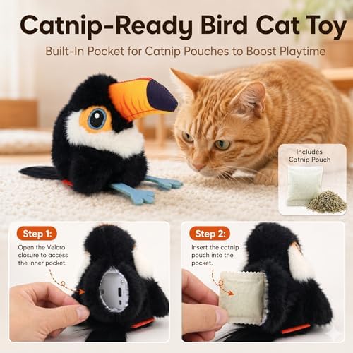 Flapping Bird Cat Toy, Toucan Plush Touch Activated Bird Chirp Cat Toy with Refillable Catnip, USB Rechargeable Interactive Kitten Exercise Toy,4.92"(No Flying)