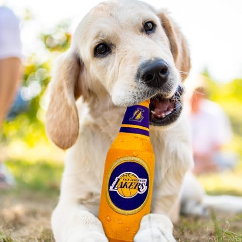 NBA Los Angeles Lakers Beer Bottle Plush Dog & CAT Squeak Toy - Cutest Stadium SODA Bottle Snack Plush Toy for Dogs & Cats with Inner Squeaker & Beautiful Basketball Team Name/Logo