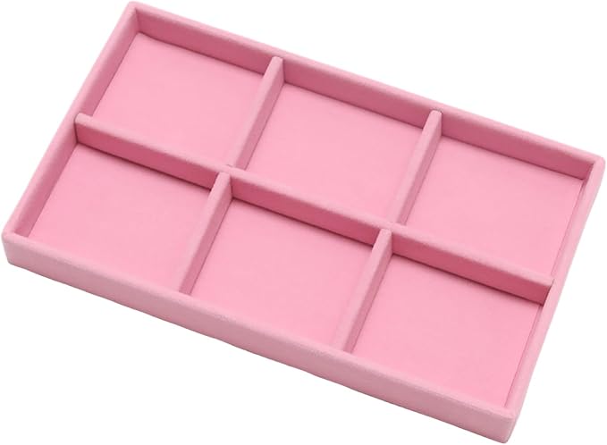 Velvet Jewelry Trays for Drawers, Pink 6 Grids | Stackable Jewelry Drawer Organizer, Earring Necklace Bracelet Holder Organizer Storage Display Tray with Removable Dividers
