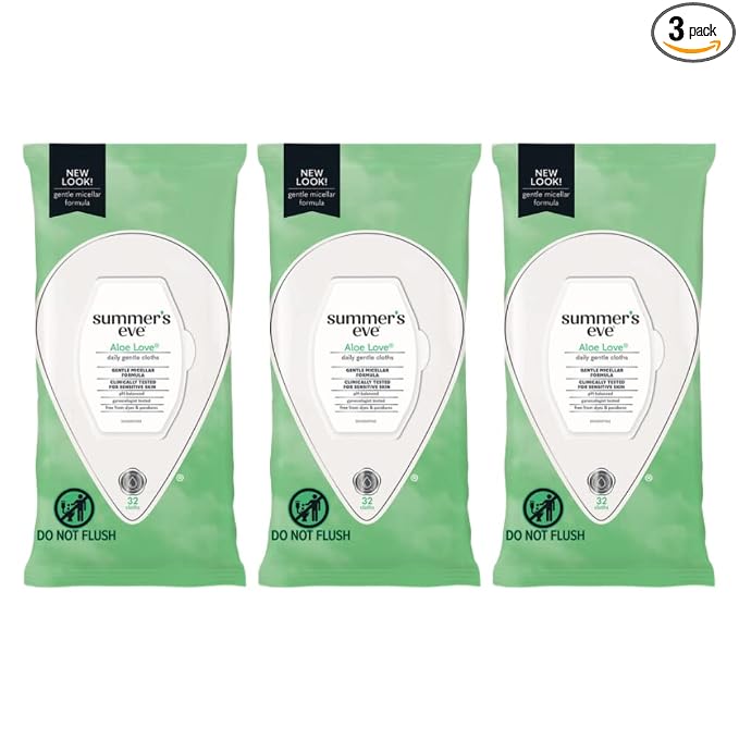 Summer’s Eve Aloe Love Feminine Cleansing Wipes, Daily Intimate Cloths, Removes Odor, pH Balanced, Gentle for Sensitive Skin, 32 Count (Pack of 3)