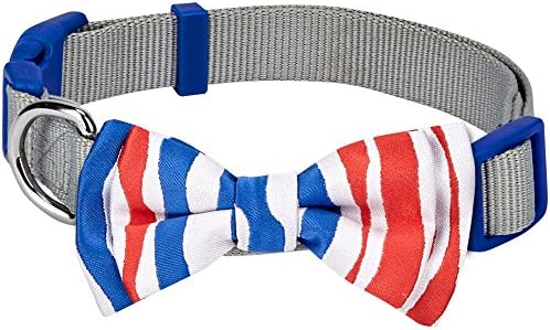 Blueberry Pet 2 Patterns Patriotic Spirits France Flag Adjustable Bowtie Grey Dog Collar - Handmade Bow Tie w/Jacquard Weave Fabric, Medium, Neck 14.5"-20"