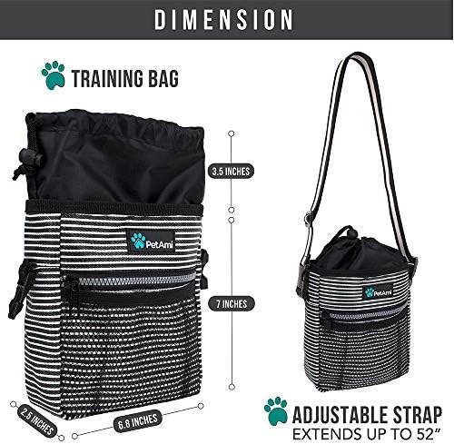PetAmi Dog Treat Pouch, Pet Treat Pouch For Training, Dog Walking Bag Holder for Kibbles, Pet Food Toy, Dog Trainer Essentials Supplies, Poop Bag Dispenser, 3 Ways to Wear (Black Stripes)
