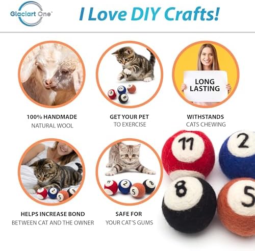 Glaciart One Wool Pool Ball Cat Toy – 4 Pcs with Catnip - Soft Fuzzy Enrichment 100% Natural Felt Cat Toy - Interactive Play Set - Safe for Pets, Non-AZO Colored Dyes – 1.5”