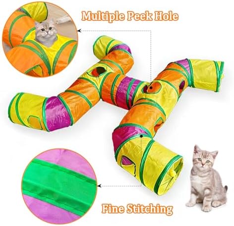 4-Way Large Cat Tunnel, H Shape Cat Tube Toy with Interactive Playing Balls, Peek Hole for Indoor Cats, Kitten, Kitty, Puppy, Rabbit (Multicolor)