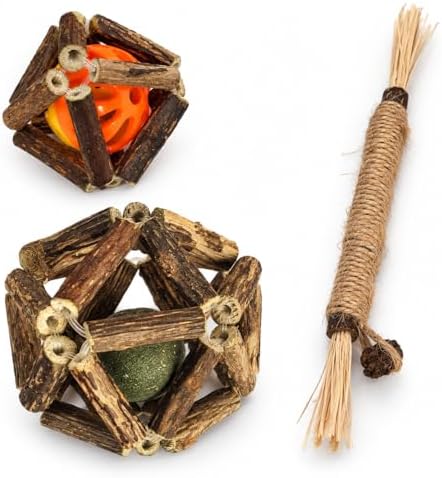 3-in-1 Cat Toy Set with Silvervine Stick Balls, Catnip Vine Ball & Raffia Chew Stick, Interactive Natural Chew Toys for Indoor Cats, Kitten Teething, Batting, Chasing, Licking, Daily Enrichment Play