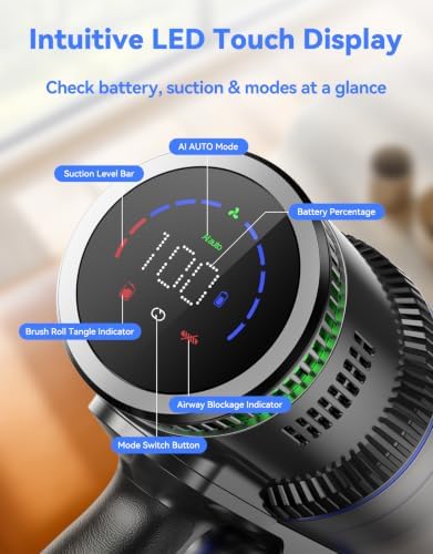 Cordless Vacuum Cleaner, 350AW/70Min Vacuum Cleaners for Home, Stick Vacuum | Auto Mode, Wall Mount Charging, LED Touchscreen, Anti-Tangle Brush, Self-Standing Vacumm Cleaner for Pet Hair/Carpets/Floors
