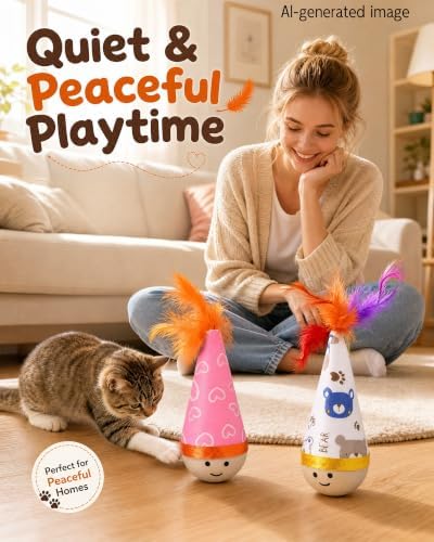 Wooden Wobble Cat Toy,Interactive Self-Righting Wobble Cat Toy with Feather