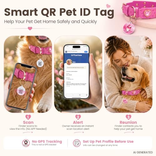 Rhinestone Dog Collar with QR ID Tag, Ostrich-Embossed, Pink, S | Crystal Dog Collar with Ostrich-Embossed Texture, Adjustable Waterproof Fit and QR Scan Pet ID for Stylish Daily Wear