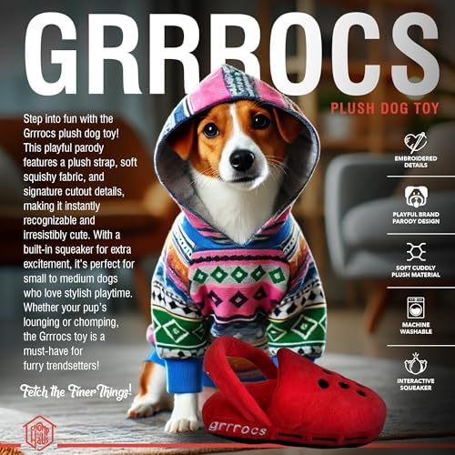 Grrrocs – Luxurious Parody Plush Dog Toy with Squeaker, Premium Fabric, Embroidered Details, Designer-Inspired Chew Toy, Fun Gift for Medium Dogs & Dog Lovers