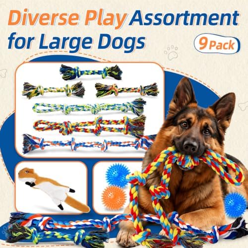 Forfon 9 Pack Dog Rope Toy Set for Large Dogs, Tough Dog Chew Toys for Aggressive Chewers, Interactive Tug of War Toys with Squeaky Plush & Squeaky Balls for Teeth Cleaning & Chewing
