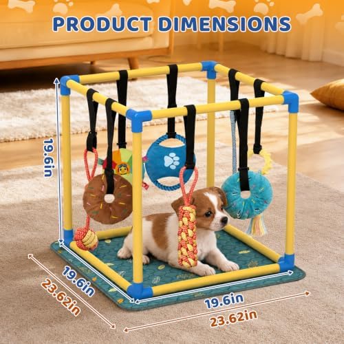 Puppy Play Gym with Pee Pads & 8 Toys (Yellow,19.6″ x 19.6″ x 19.6″‌)