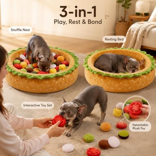 3-in-1 Hamburger Shaped Pet Bed, Funny Snuffle Mat Interactive Foraging Toy, Detachable Vegetable Food Pieces Enrichment Dog Bed, Round Pet Rest Bed for Small Medium Dogs Indoor Daily Use