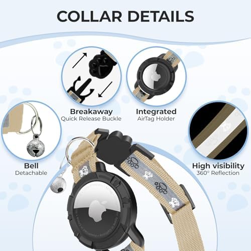 Breakaway AirTag Cat Collar, Reflective Cat Tracker Collar with Bell | Built in AirTag Holder, Adjustable 8.5-12in for Cats, Kittens and Puppies, Safety Elastic Band, Reflective for Night Walking